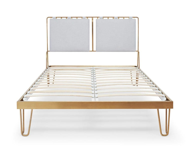 Gillmore Space Finn King Bed Silver Upholstered & Brass Frame