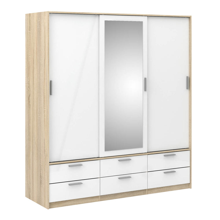 Axton Clason Wardrobe 3 Doors 6 Drawers in Oak with White High Gloss