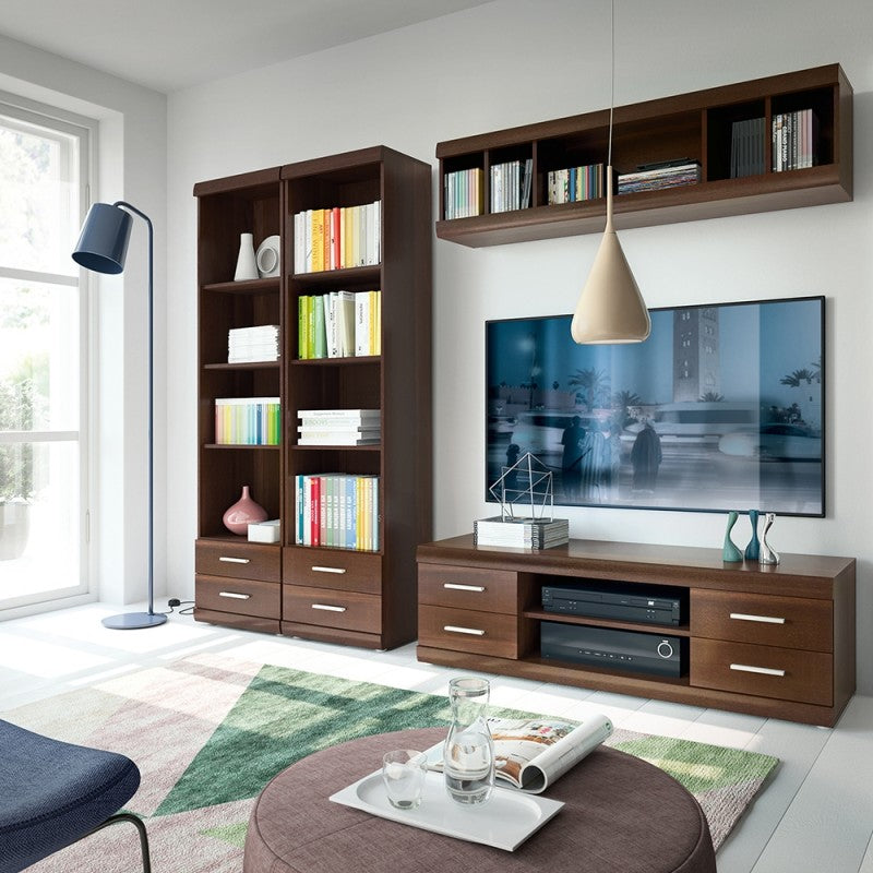 Axton Pelham Tall 2 Drawer Narrow Cabinet with Open Shelving In Dark Mahogany Melamine