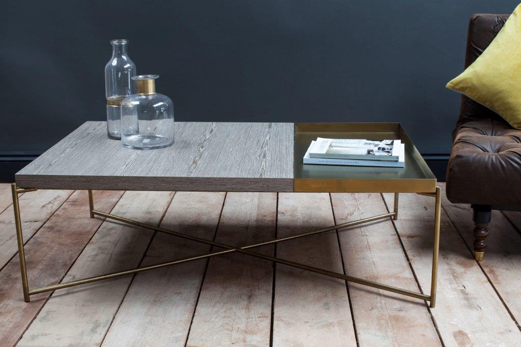 Gillmore Space Iris Rectangle Coffee Table Weathered Oak Top & Brass Tray