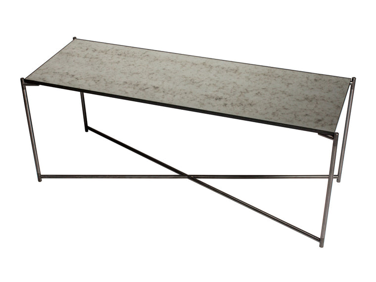 Gillmore Space Iris Large Low Console Table Antiqued Glass Top