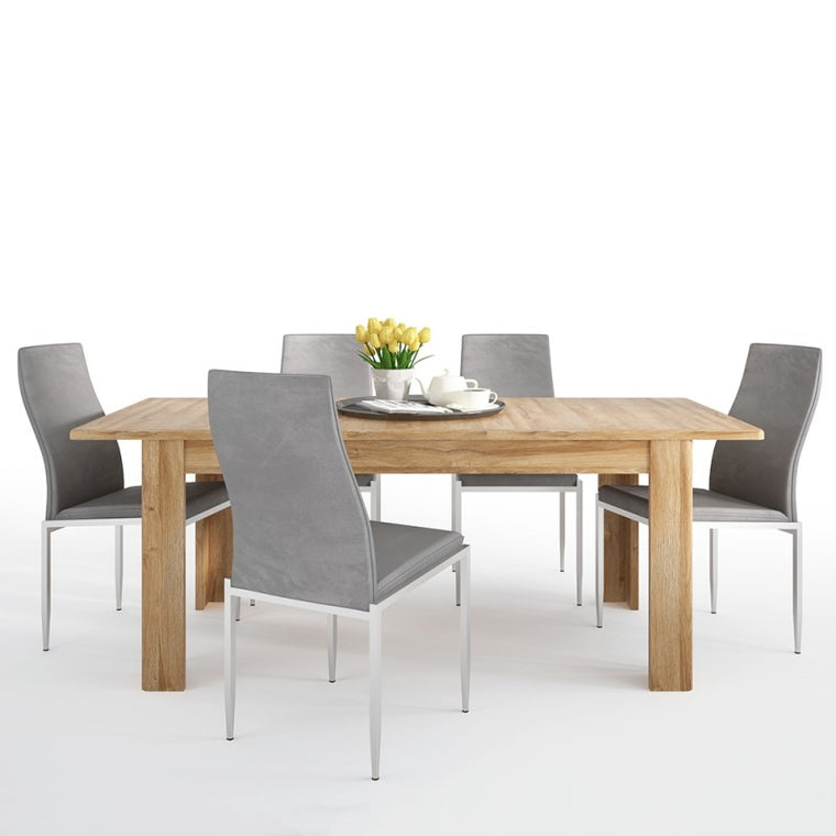 Axton Bronxwood Extending Dining Table in Grandson Oak + 6 Milan High Back Chair Grey.