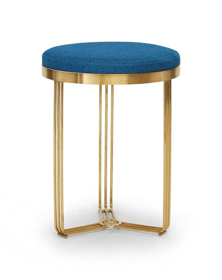 Gillmore Space Finn Circular Side Table Or Stool Admiral Blue Upholstered & Brass Frame