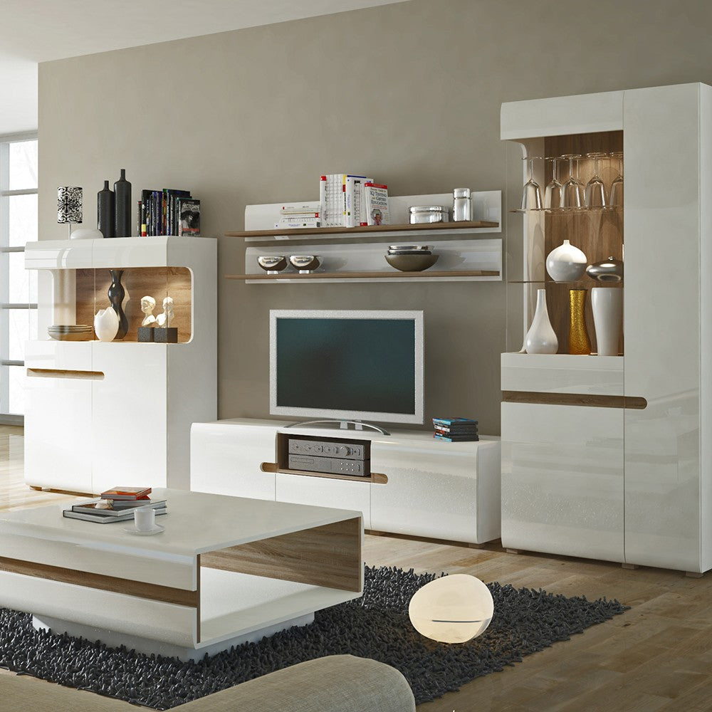 Axton Norwood Living Tall Glazed Narrow Display Unit (LHD) In White With A Truffle Oak Trim