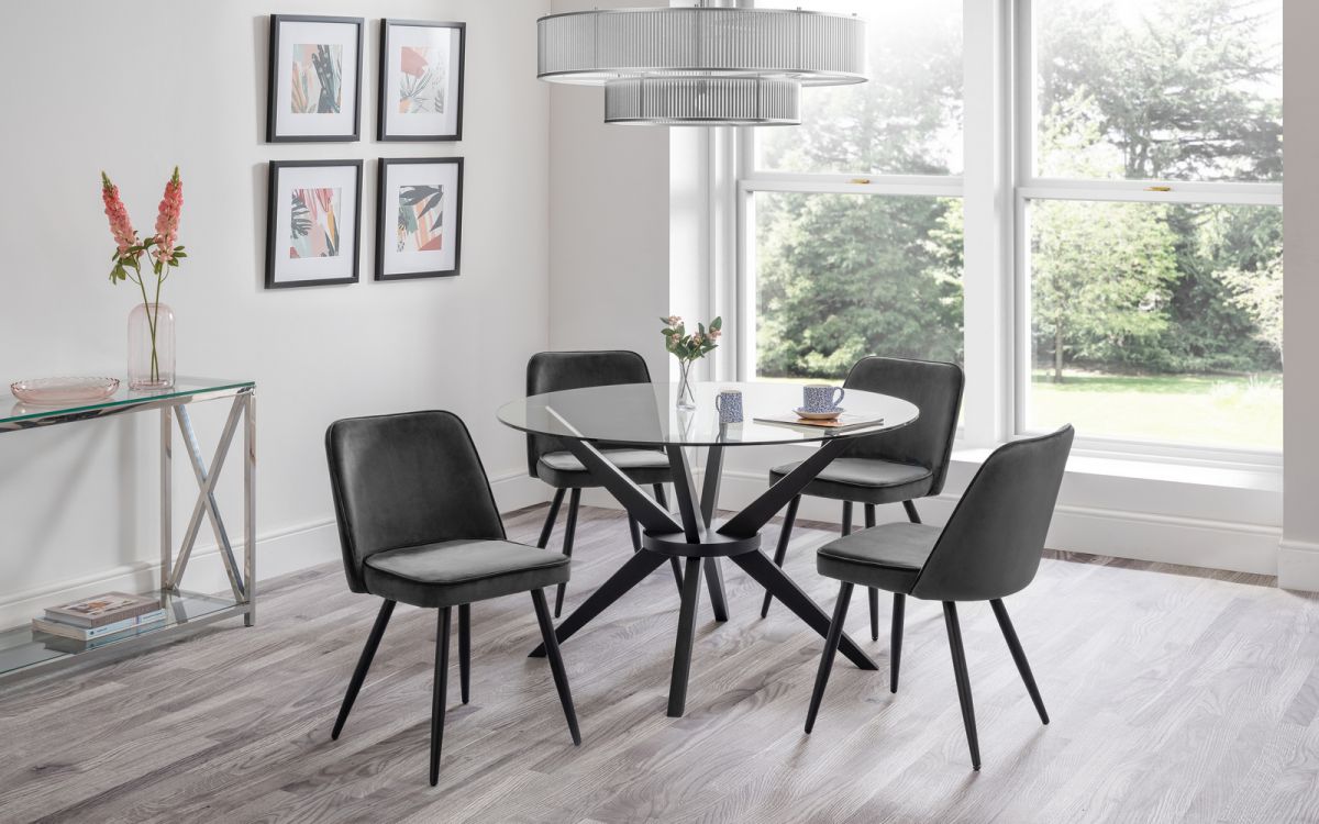 Julian Bowen Hayden Round Glass Dining Table 120cm & 4 Burgess Chairs