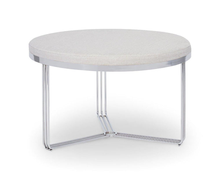 Gillmore Space Finn Small Circular Coffee Table Or Footstool Natural Upholstered & Polished Chrome Frame